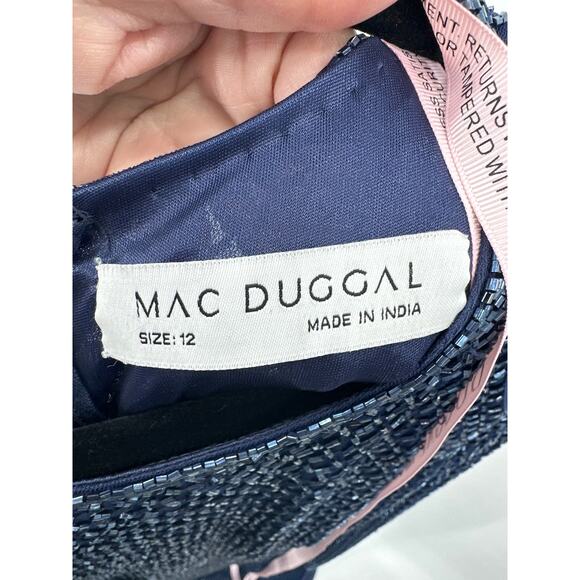 Mac Duggal 5056 Navy Blue Long Sleeve Beaded Maxi Dress w/ Train Size 12 NWT - Picture 10 of 12